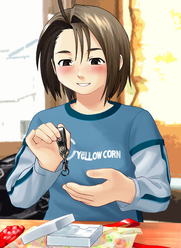 tsukinowa kumatarou, kazama akira, capcom, justice gakuen, shiritsu justice gakuen, street fighter, gender request, 1girl, alternate costume, androgynous, blouse, blue shirt, blush, collar, female focus, gift, hair between eyes, multicolored shirt, print shirt, reverse trap, shirt, solo, table, tomboy, wooden table