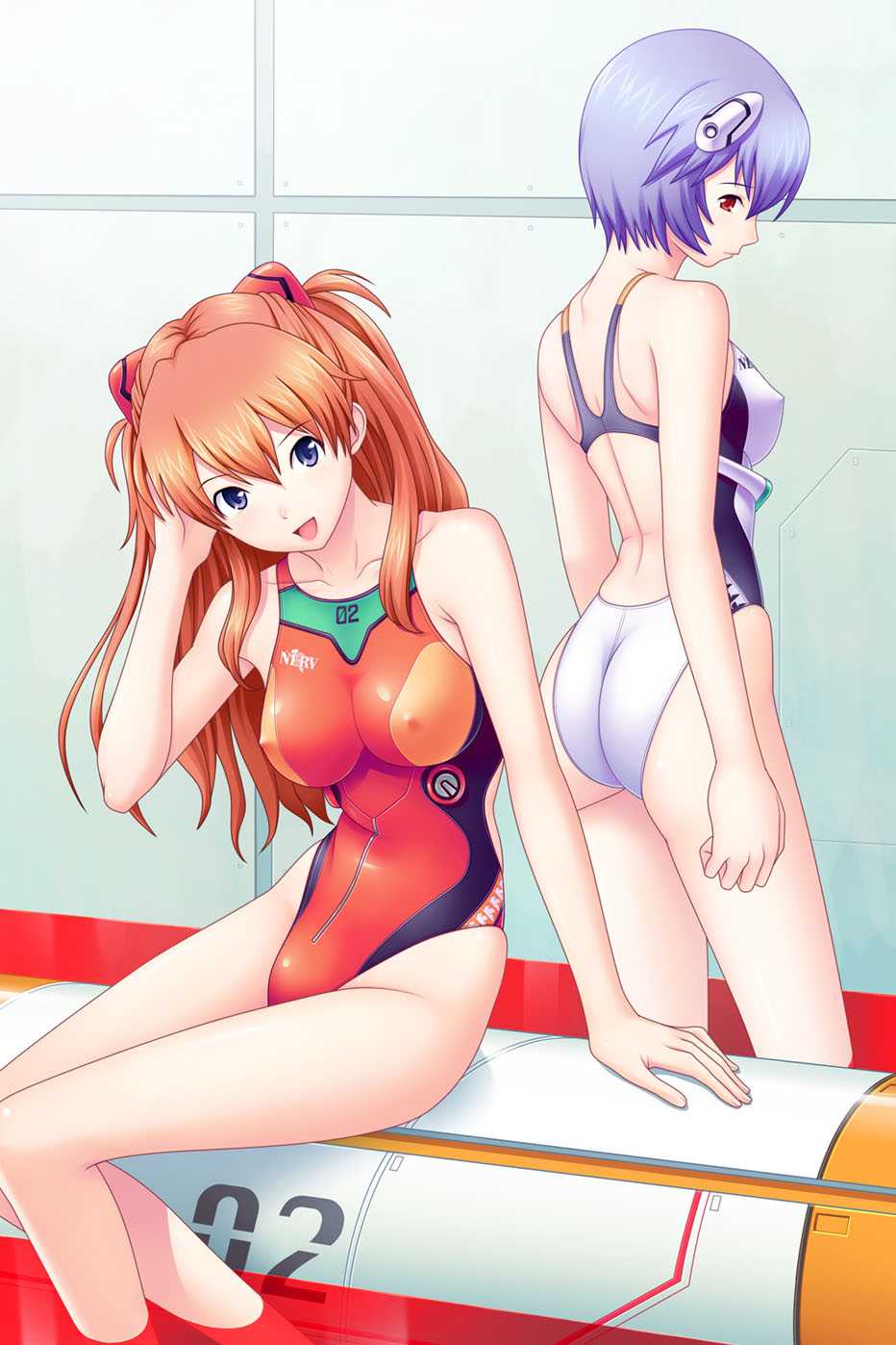 kuri (kurigohan), ayanami rei, souryuu asuka langley, neon genesis evangelion, highres, 2girls, adjusting hair, ass, back-to-back, blue eyes, blue hair, breasts, brown hair, competition swimsuit, covered erect nipples, highleg, highleg one-piece swimsuit, lcl, looking back, medium breasts, multiple girls, one-piece swimsuit, orange hair, red eyes, sitting, skindentation, submerged, swimsuit, wading