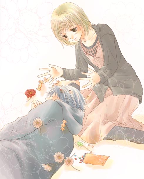 1boy, 1girl, black hair, blonde hair, blush, candy, couple, dress, flower, hetero, hood, hoodie, lollipop, short hair, sleeping, smile