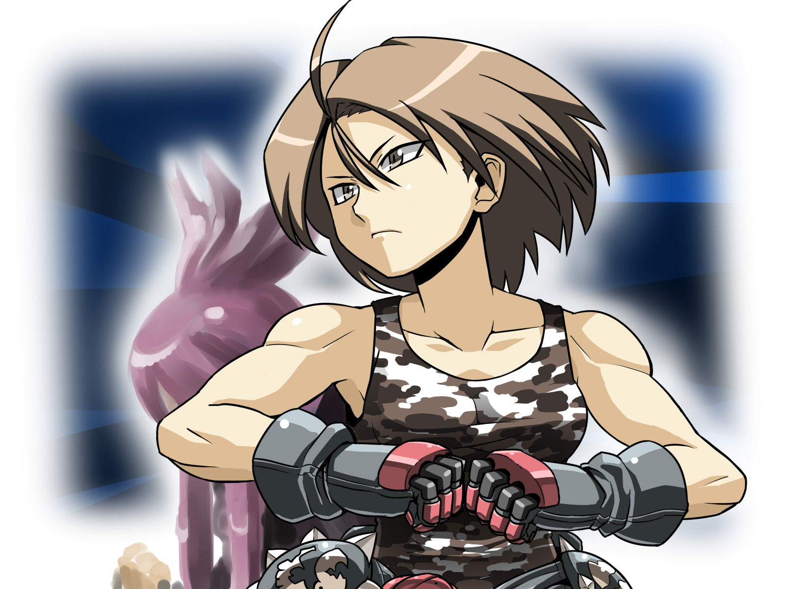 tukiwani, kazama akira, capcom, justice gakuen, shiritsu justice gakuen, highres, ahoge, camouflage, muscular, solo, tomboy