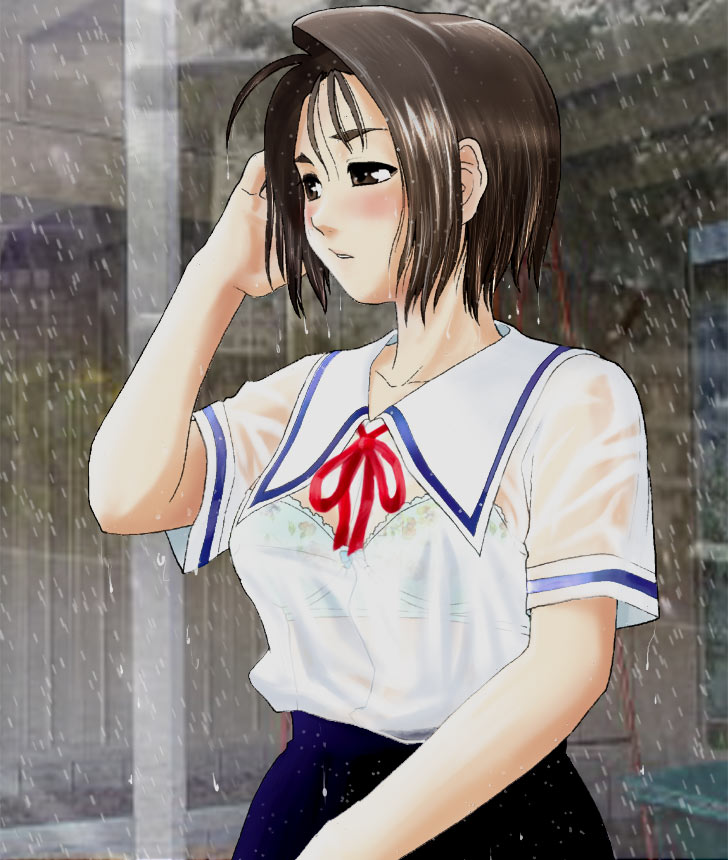 tsukinowa kumatarou, kazama akira, capcom, justice gakuen, shiritsu justice gakuen, street fighter, blush, bra, lingerie, school uniform, see-through clothes, solo, underwear, wet