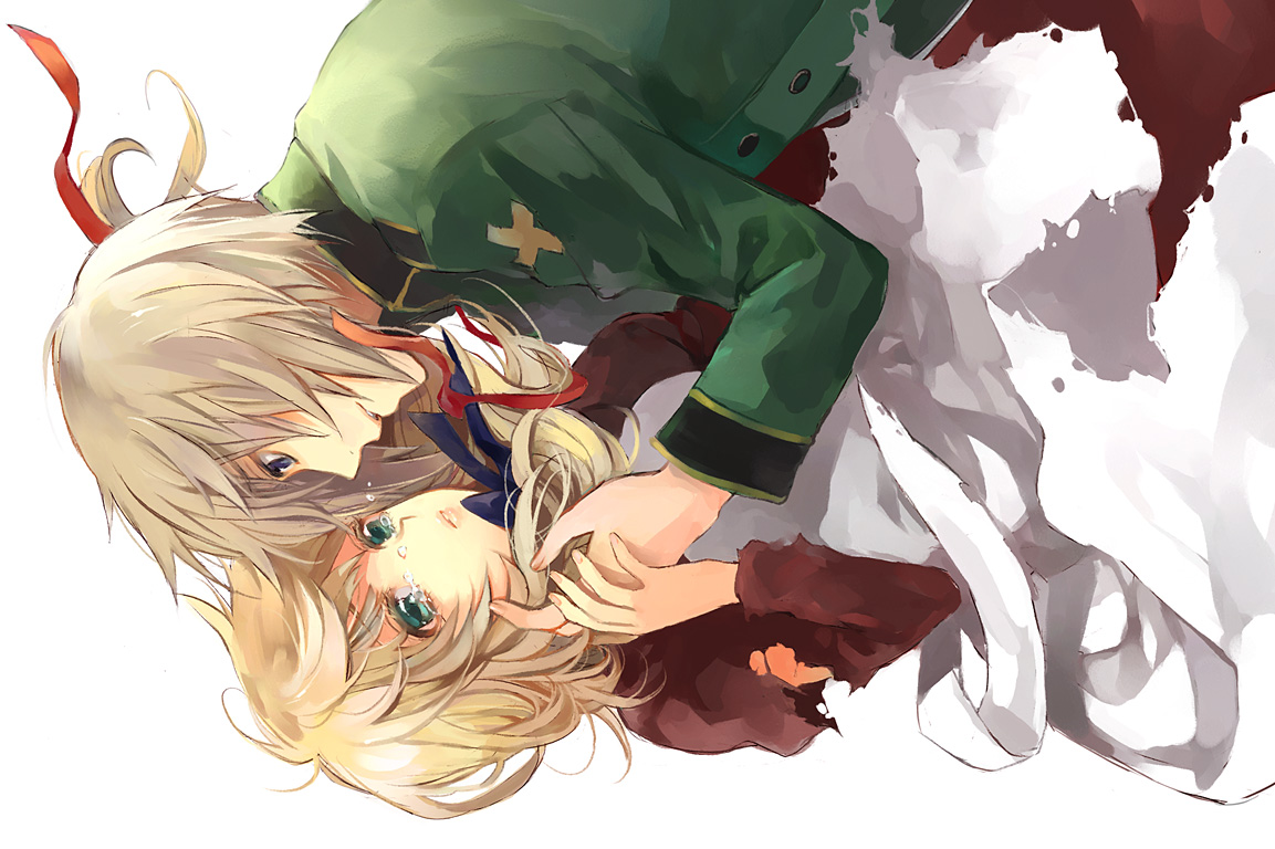 ariko, liechtenstein (hetalia), switzerland (hetalia), axis powers hetalia, 00s, apron, blonde hair, blue eyes, dress, eye contact, holding hands, long hair, looking at another, short hair, siblings, tears, torn clothes