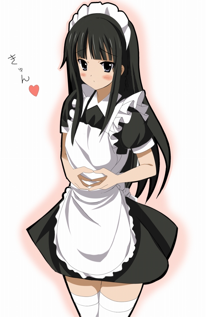 kawabata mizuki, akiyama mio, k-on!, 00s, 1girl, alternate costume, black eyes, black hair, blush, enmaided, female focus, gradient background, heart, heart hands, long hair, maid, maid headdress, moe moe kyun!, solo, thighhighs