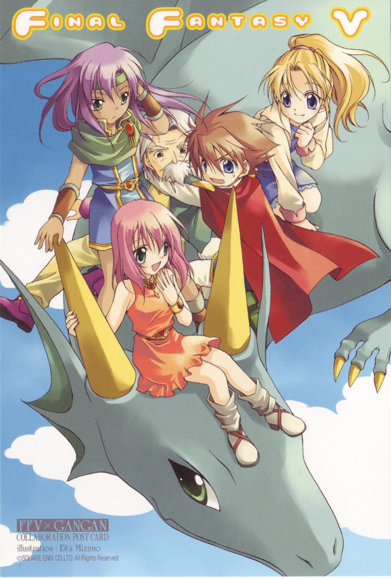 mizuno eita, bartz klauser, faris scherwiz, galuf halm baldesion, hiryu, krile mayer baldesion (ff5), lenna charlotte tycoon, wind drake (ff5), final fantasy, final fantasy v, 1990s (style), 2boys, 3girls, androgynous, beard, blonde hair, boots, brown hair, cape, cloak, copyright name, dark skin, dragon, dress, facial hair, grey hair, headband, hug, multiple boys, multiple girls, orange shirt, orange skirt, pink hair, purple hair, reverse trap, shirt, skirt, sky, sweat