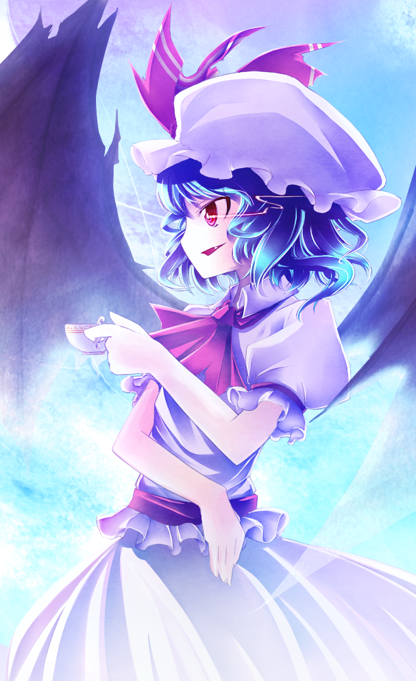 otogi kyouka, remilia scarlet, touhou, 1girl, bat wings, blue hair, cup, dress, fang, female focus, glowing, glowing eyes, hat, red eyes, short hair, solo, teacup, wings