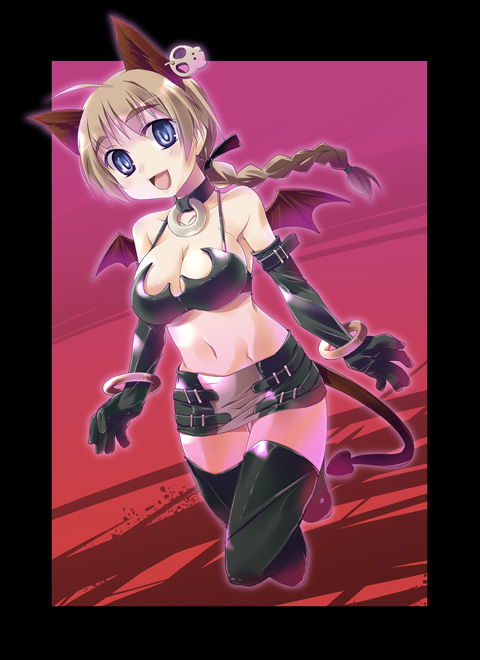 imu sanjo, etna (disgaea), lynette bishop, disgaea, strike witches, world witches series, 1girl, ahoge, blonde hair, blue eyes, braid, breasts, cleavage, cosplay, etna (disgaea) (cosplay), female focus, large breasts, miniskirt, single braid, skirt, skull, solo, tail, thighhighs, wings