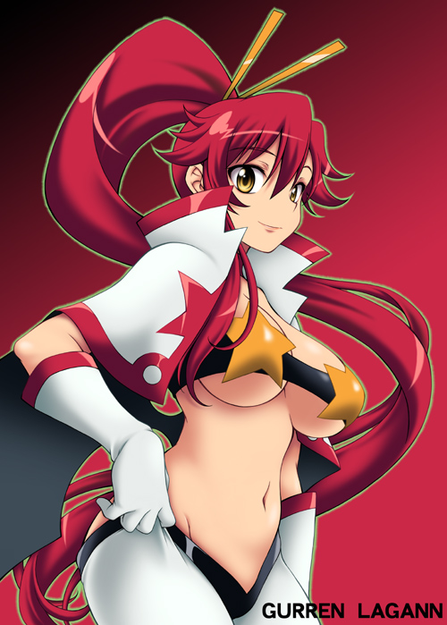 onizuka takuto, space yoko, yoko littner, tengen toppa gurren lagann, 00s, 1girl, bandeau, breasts, cape, female focus, gloves, large breasts, navel, ponytail, red hair, solo, strapless, tube top, underboob, yellow eyes