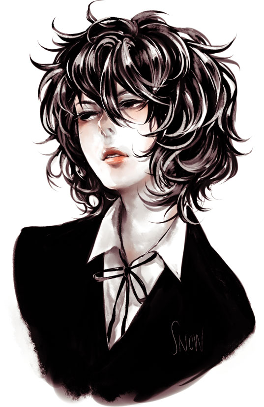 hys122211, original, gender request, androgynous, black eyes, black hair, curly hair, lips, lipstick, makeup, messy hair, pale skin, ribbon, short hair, solo