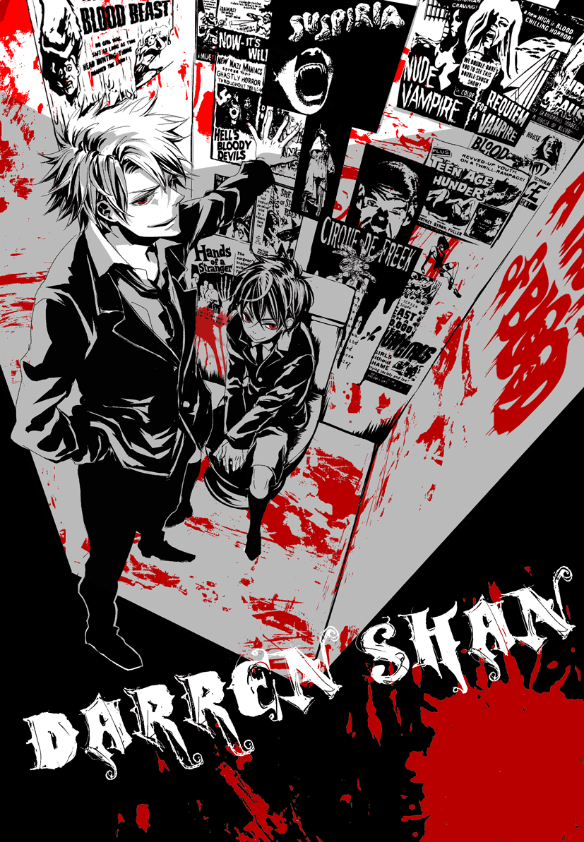 hys122211, darren shan, steve leonard, the saga of darren shan, 2boys, bathroom, blazer, blood, formal clothes, indoors, jacket, male focus, monochrome, multiple boys, necktie, poster (medium), poster (object), red eyes, short hair, smile, smirk, spiked hair, spot color, toilet, vampire