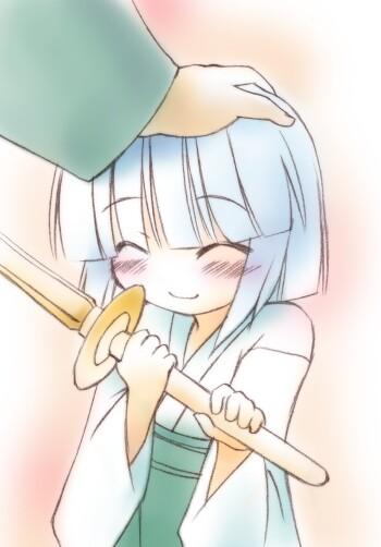 konpaku youmu, touhou, non-web source, 1girl, blush, child, closed eyes, female focus, happy, head pat, headpat, katana, shinai, solo focus, sword, weapon