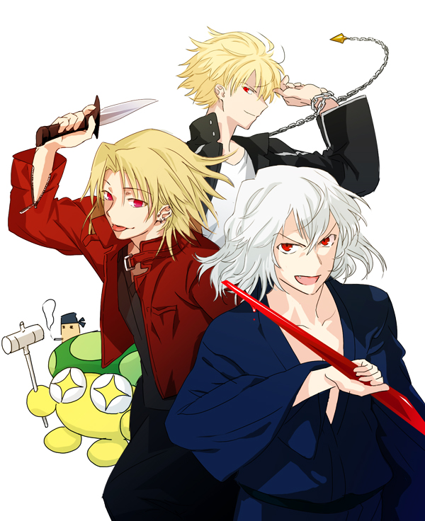 kuroi nyan, gilgamesh (fate), gilgamesh (immoral biker jacket) (fate), nasu kinoko, shirazumi lio, tohno shiki (2), fate/stay night, fate (series), kara no kyoukai, tsukihime, type-moon, 3boys, blood, chain, fangs, hammer, jacket, japanese clothes, knife, male focus, multiple boys, official alternate costume, parody, red eyes, red jacket, short hair, white hair