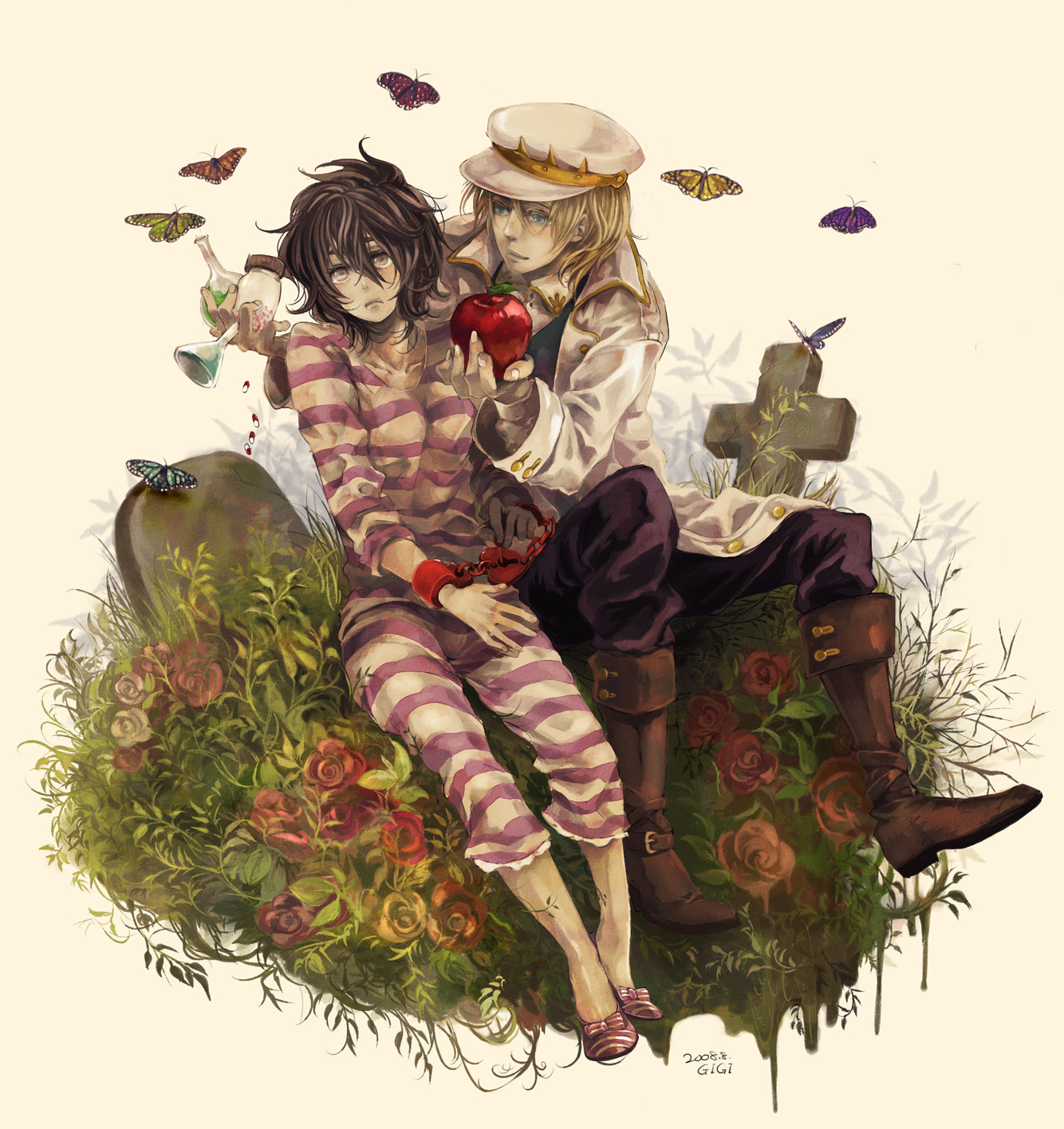 hys122211, snow white (fairy tale character), snow white (fairy tale), striped, highres, 00s, 1boy, 1girl, 2008, apple, black hair, blonde hair, blue eyes, boots, bug, butterfly, coat, couple, cross, crown, cuffs, dark persona, drugs, flats, flower, food, frown, fruit, grave, grey eyes, handcuffs, hat, heart, hetero, insect, jewelry, key, locket, messy hair, peaked cap, pendant, pill, prince, prison clothes, prisoner, rose, short hair, signature, sitting, smile, trench coat