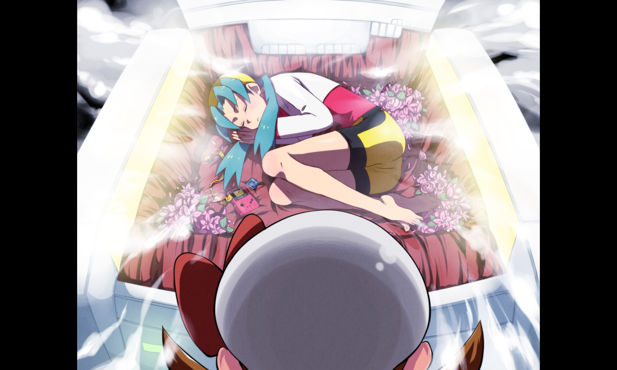 kmj, kris (pokemon), lyra (pokemon), pikachu, nintendo, pokemon, pokemon gsc, pokemon hgss, tengen toppa gurren lagann, bad id, bad pixiv id, highres, 2girls, barefoot, bike shorts, blue hair, box, brown hair, closed eyes, feet, fetal position, flower, from above, game boy, game boy color, game link cable, gen 1 pokemon, handheld game console, hat, hat ribbon, in box, in container, multiple girls, newsboy cap, parody, pokemon (creature), red ribbon, ribbon, sleeping, spread toes, toes, twintails