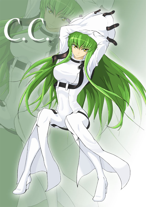 renton, c.c., code geass, 00s, 1girl, arms up, bodysuit, breasts, character name, female focus, green hair, high heels, large breasts, long hair, looking at viewer, solo, yellow eyes, zoom layer