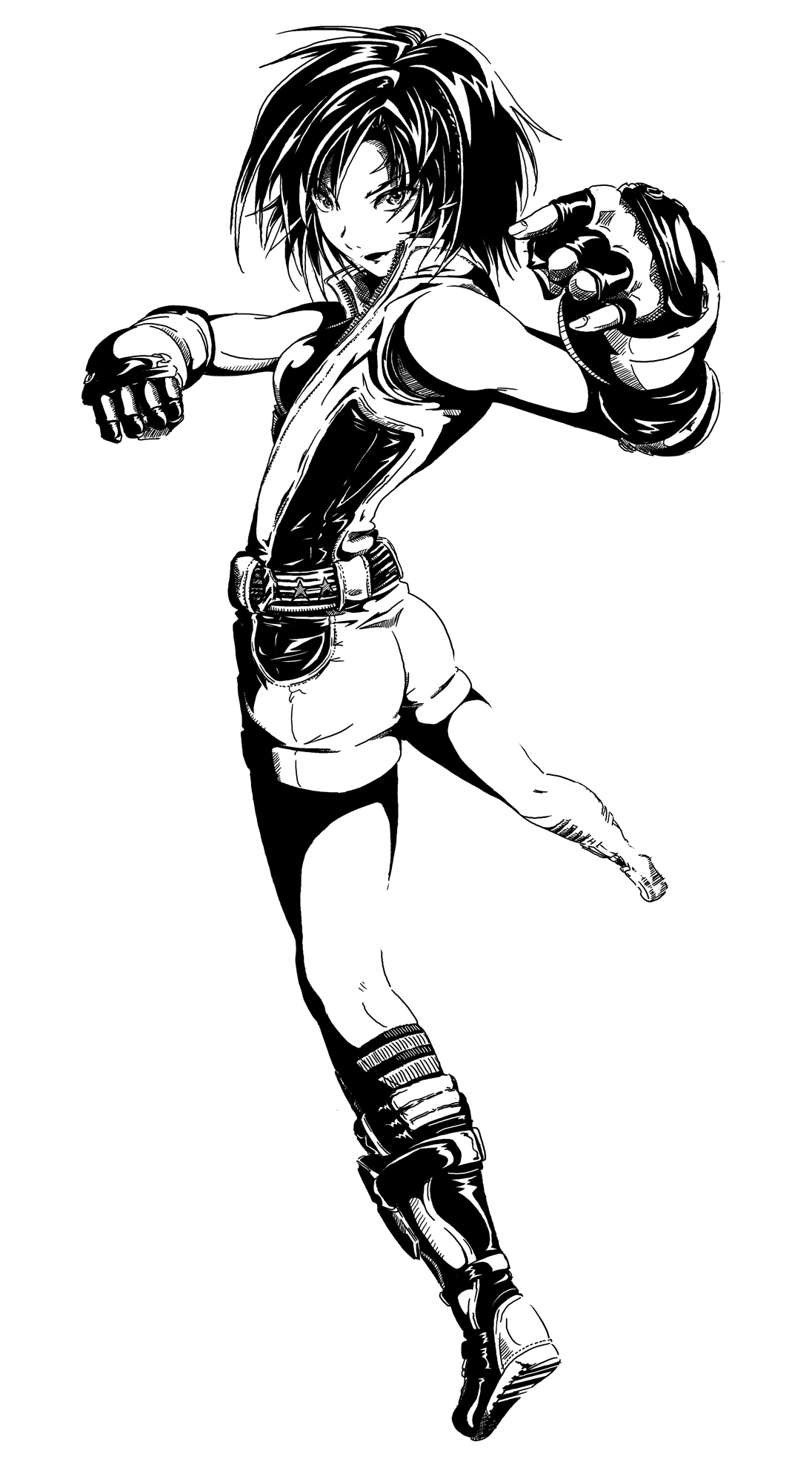 kazama asuka, namco, tekken, striped legwear, highres, 1girl, ass, belt, boots, female focus, fingerless gloves, full body, gloves, greyscale, monochrome, romper, short hair, sleeveless, solo, star (symbol), star print, vest