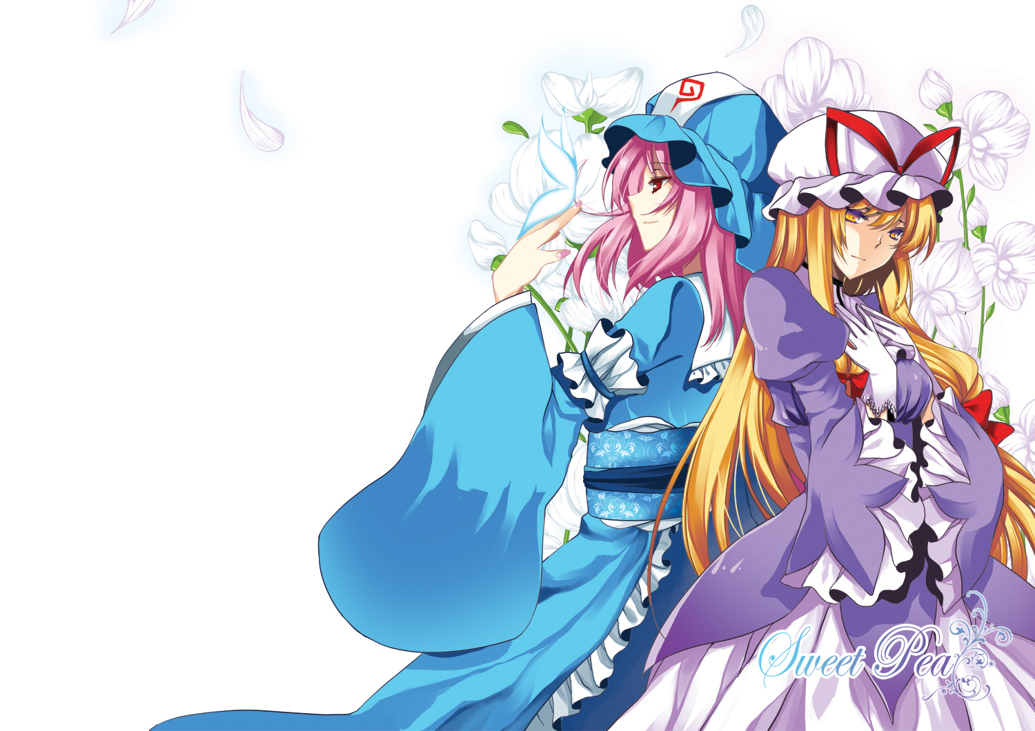 roh nam kyung, saigyouji yuyuko, yakumo yukari, touhou, bad id, bad pixiv id, 2girls, blonde hair, female focus, flower, gloves, hair ribbon, hat, long hair, multiple girls, petals, pink hair, red eyes, ribbon, short hair, yellow eyes