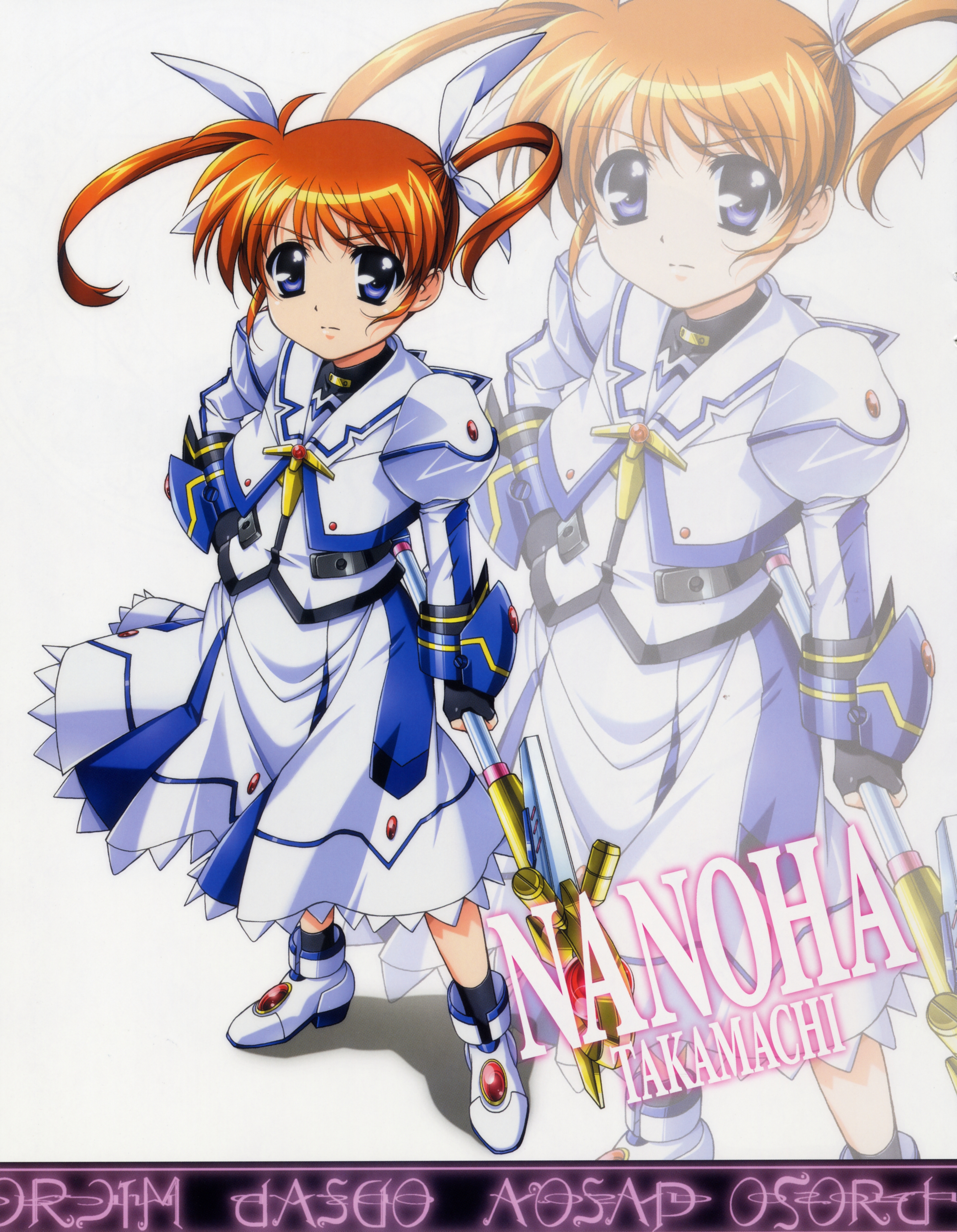 okuda yasuhiro, raising heart, raising heart (device mode) (1st), takamachi nanoha, takamachi nanoha (movie 1st mode), lyrical nanoha, mahou shoujo lyrical nanoha, mahou shoujo lyrical nanoha the movie 1st, absurdres, highres, 10s, 1girl, aged down, blue eyes, brown hair, female focus, fingerless gloves, gloves, hair ribbon, purple eyes, ribbon, skirt, solo, staff, twintails, zoom layer