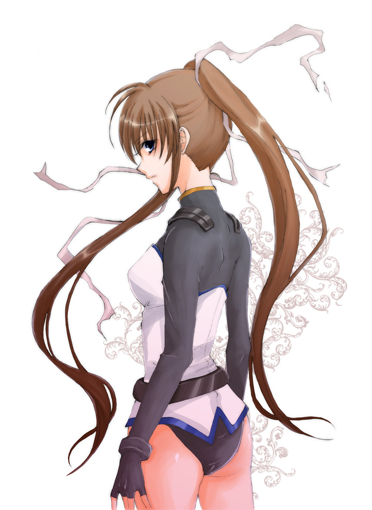 lina (interlude), takamachi nanoha, takamachi nanoha (exceed mode), lyrical nanoha, mahou shoujo lyrical nanoha, mahou shoujo lyrical nanoha strikers, 00s, 1girl, ass, blue eyes, bottomless, brown hair, female focus, fingerless gloves, gloves, leotard, long hair, magical girl, no jacket, purple eyes, red hair, solo, twintails, white devil