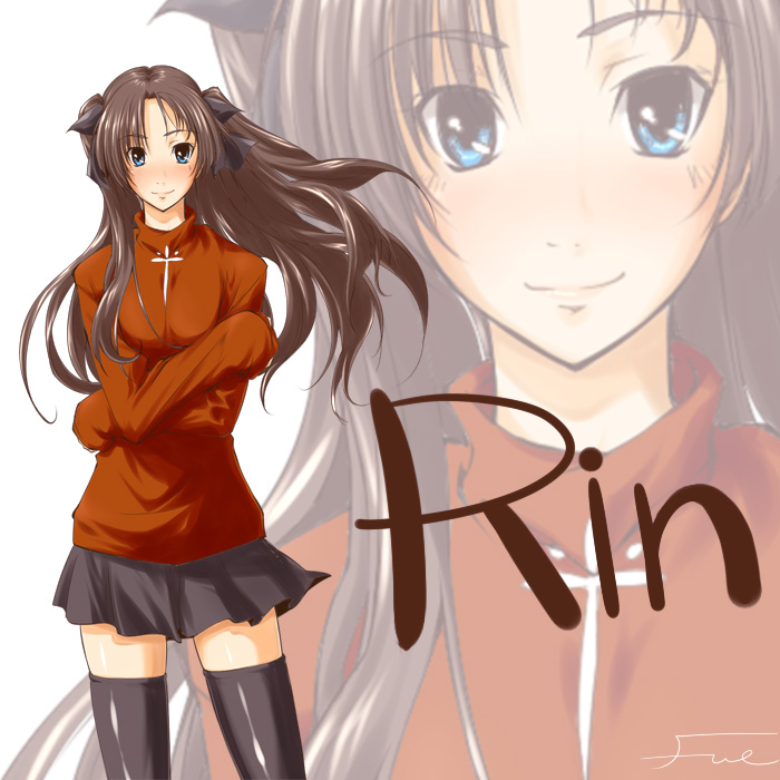 fue (rhomphair), tohsaka rin, fate/stay night, fate (series), 00s, 1girl, black hair, blue eyes, female focus, hair ribbon, long hair, ribbon, skirt, solo, thighhighs, zettai ryouiki, zoom layer