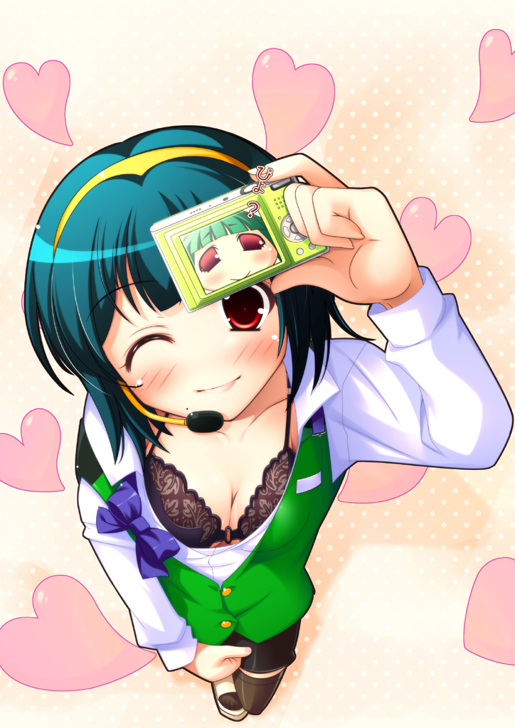 al azif (artist), aru (abyssinia), otonashi kotori, idolmaster, idolmaster (classic), 00s, 1girl, blush, bow, bra, breasts, camera, cleavage, downblouse, female focus, from above, green hair, hairband, headset, heart, large breasts, lingerie, microphone, mole, mole under mouth, one eye closed, open clothes, open shirt, red eyes, selfie, shirt, short hair, solo, thighhighs, underwear, wink