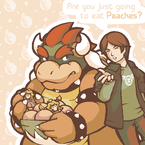 bowser, princess peach, sakurai masahiro, mario (series), nintendo, super mario bros. 1, super smash bros., lowres, 2boys, english text, multiple boys