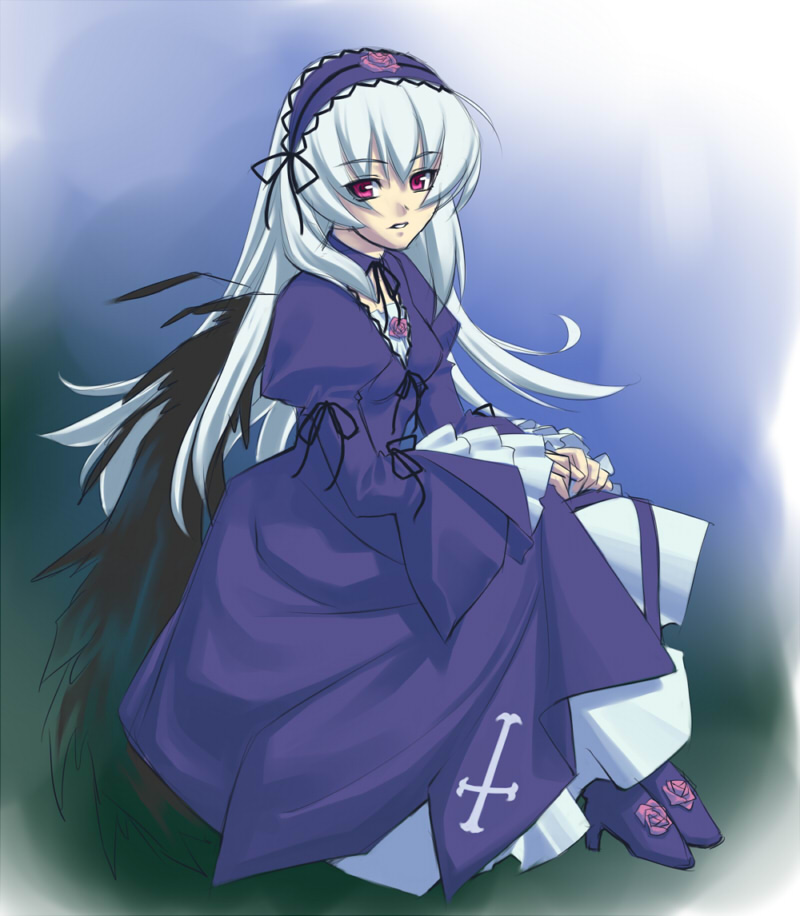 kamatori pokari, suigintou, rozen maiden, silver hair, 00s, dress, frills, hairband, long hair, purple eyes, solo, wings