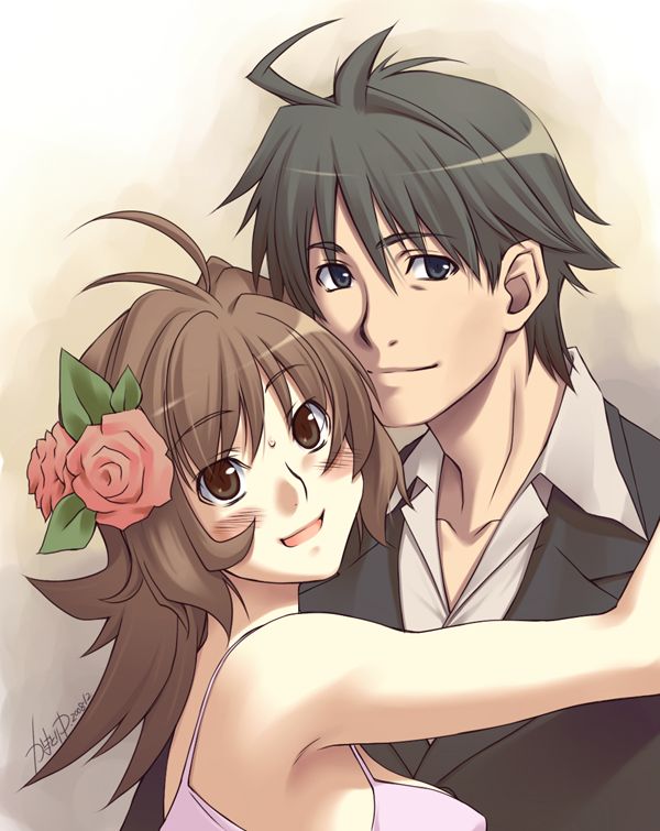kamatori pokari, original, 1boy, 1girl, ahoge, black eyes, black hair, blush, brown eyes, brown hair, couple, flower, hair flower, hair ornament, hetero, hug, long hair