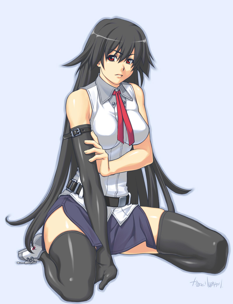 kamatori pokari, original, black hair, elbow gloves, gloves, long hair, red eyes, side slit, skirt, solo, thighhighs, zettai ryouiki