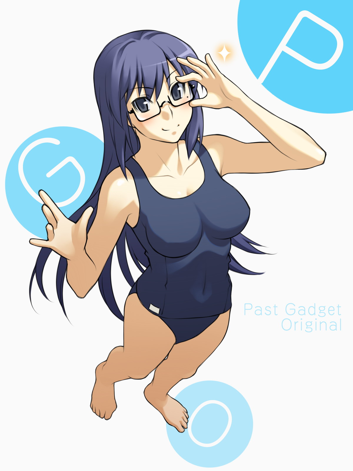 kamatori pokari, original, bad id, bad pixiv id, highres, 1girl, adjusting eyewear, barefoot, black eyes, blue hair, female focus, from above, glasses, long hair, mole, mole under eye, one-piece swimsuit, school swimsuit, solo, swimsuit