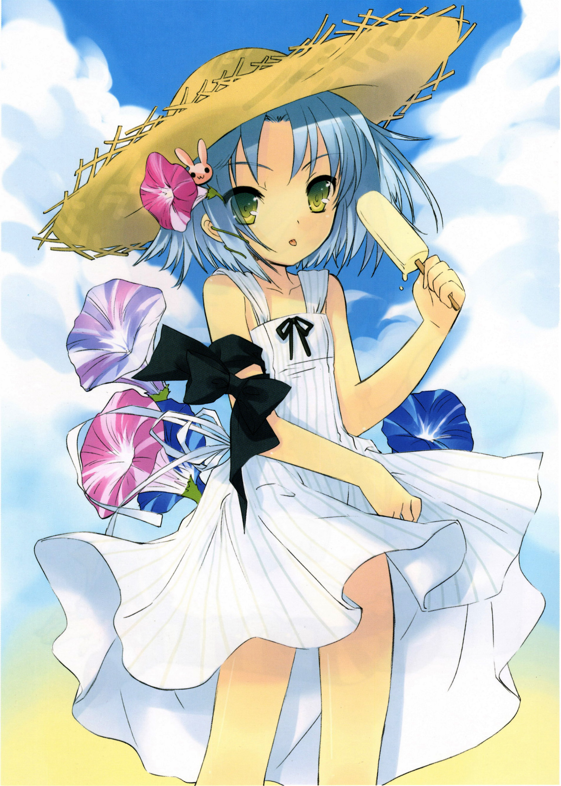 ito noizi, absurdres, highres, blue hair, flower, food, hat, ice cream, multicolored flower, solo, yellow eyes