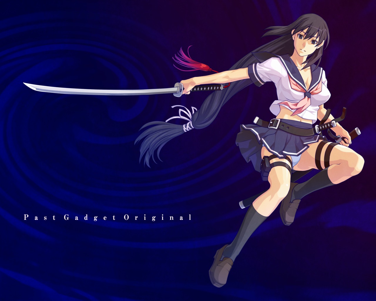 kamatori pokari, original, bad id, bad pixiv id, 1girl, belt, black eyes, black hair, breasts, cleavage, female focus, kneehighs, large breasts, long hair, panties, pantyshot, ponytail, school uniform, serafuku, skirt, socks, solo, sword, underwear, very long hair, weapon