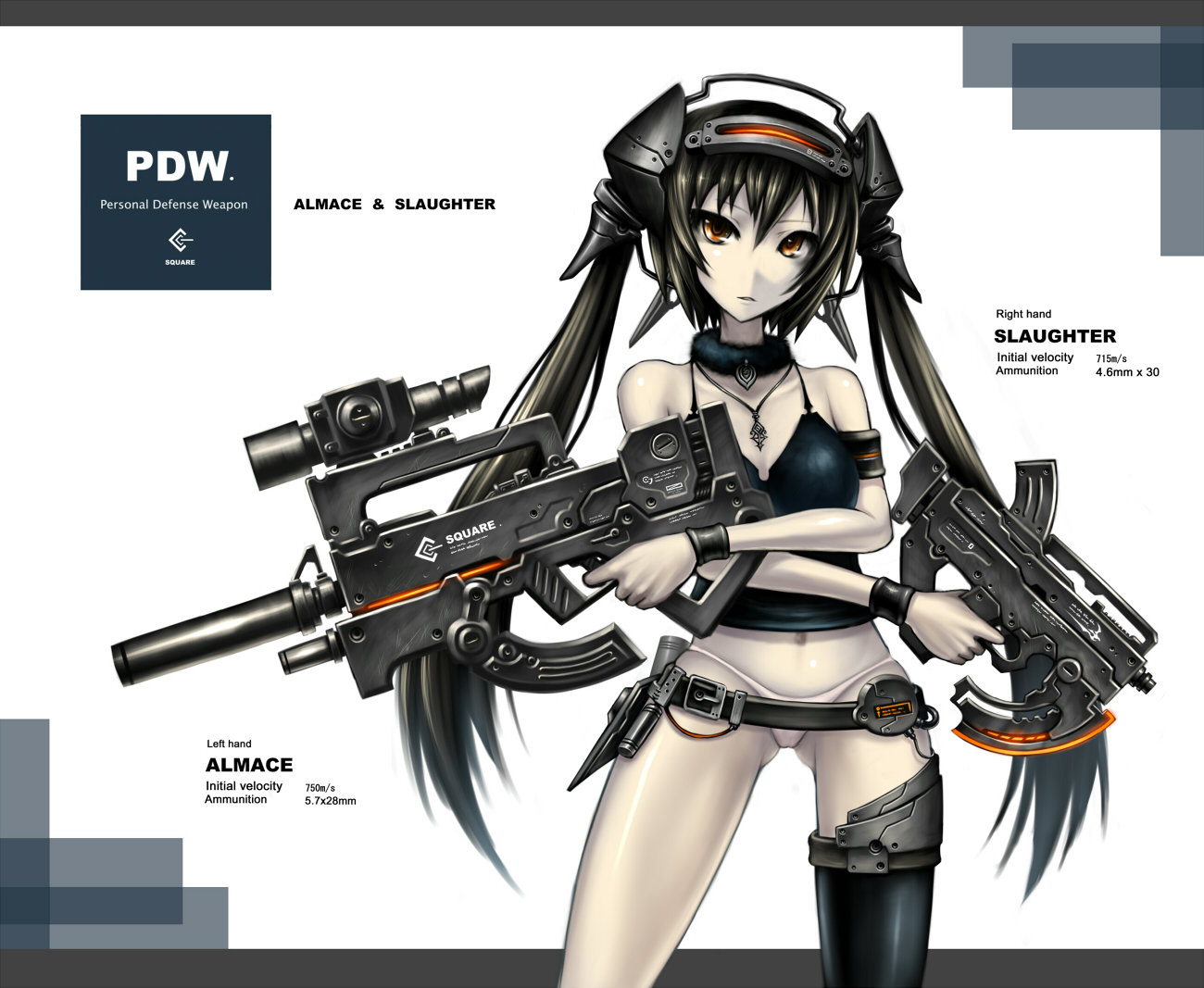 gia, original, 1girl, bare shoulders, belt, belt skirt, black hair, dual wielding, female focus, gun, hands on own hips, holding, jewelry, long hair, necklace, panties, personal defense weapon, red eyes, solo, submachine gun, suppressor, twintails, underwear, weapon