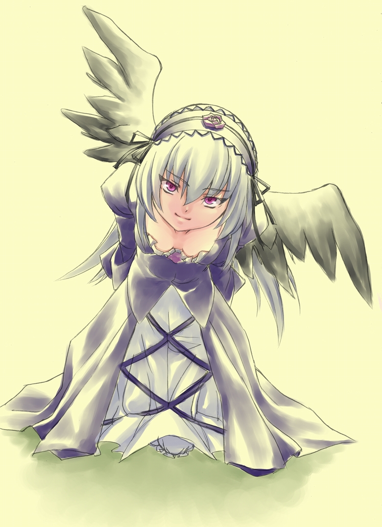 kamatori pokari, suigintou, rozen maiden, silver hair, 00s, 1girl, breasts, cleavage, dress, female focus, frills, hairband, long hair, medium breasts, purple eyes, solo, wings