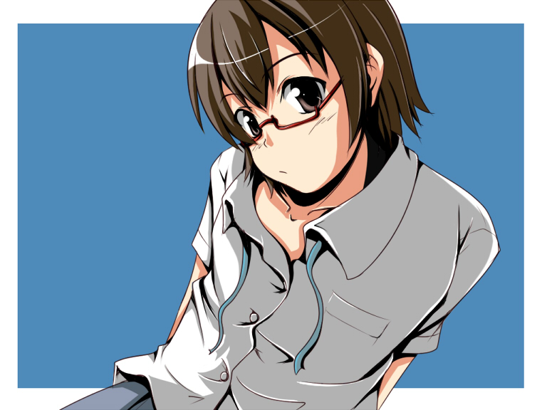 qoo, manabe nodoka, k-on!, untied, 00s, 1girl, androgynous, brown eyes, brown hair, female focus, glasses, red-framed eyewear, school uniform, semi-rimless eyewear, short hair, simple background, solo, under-rim eyewear