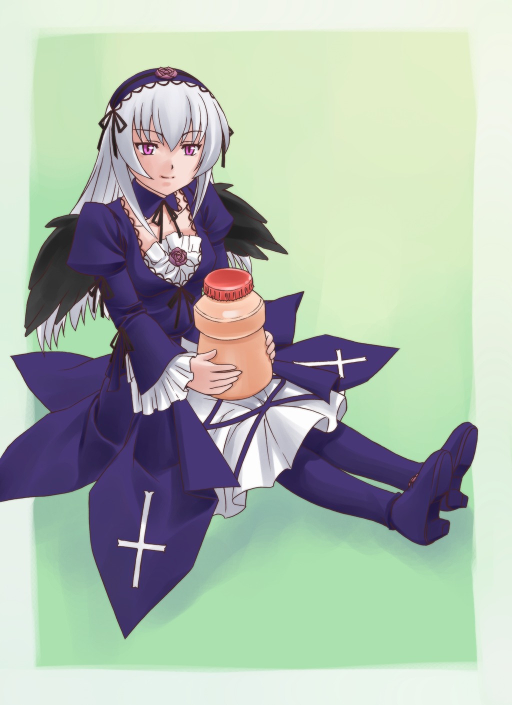 kamatori pokari, suigintou, rozen maiden, yakult, silver hair, highres, 00s, boots, dress, frills, hairband, long hair, purple eyes, solo, wings