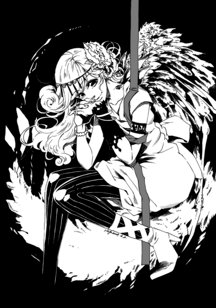 takanashi ringo, striped, 1girl, female focus, flower, greyscale, hair ornament, monochrome, pantyhose, solo, wings