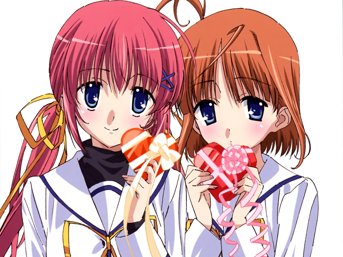 shirakawa nanaka, tsukishima koko, da capo, da capo ii, 00s, 2girls, brown hair, multiple girls, pink hair, valentine