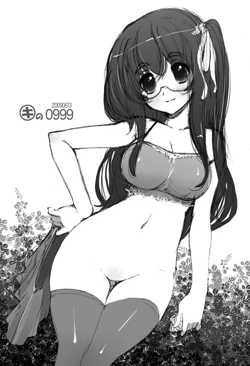 kei jiei, 1girl, bottomless, breasts, camisole, cleavage, female focus, glasses, greyscale, hair ribbon, large breasts, long hair, monochrome, navel, ribbon, side ponytail, smile, solo, thighhighs
