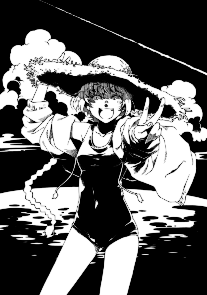 takanashi ringo, 1girl, braid, fang, female focus, greyscale, hat, monochrome, ocean, one-piece swimsuit, open mouth, school swimsuit, solo, swimsuit, v