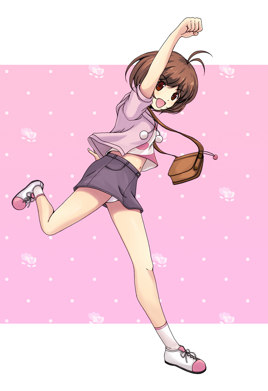 onion (lemlaml), hidaka ai, idolmaster, idolmaster dearly stars, bad id, bad pixiv id, highres, 00s, 1girl, ahoge, bag, brown eyes, brown hair, female focus, handbag, navel, panties, pantyshot, short hair, skirt, solo, underwear