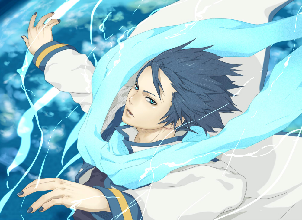 nayu, kaito (vocaloid), vocaloid, bad id, bad pixiv id, 1boy, blue eyes, blue hair, blue scarf, male focus, matching hair/eyes, nail polish, scarf, short hair, solo, wind