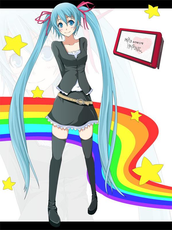 koumei (artist), koumei (harmonizer), hatsune miku, vocaloid, 1girl, aqua hair, arms behind back, belt, blue eyes, blush, casual, female focus, hair ribbon, legs, long hair, rainbow, rainbow path, ribbon, skirt, smile, solo, thighhighs, twintails, very long hair, zettai ryouiki