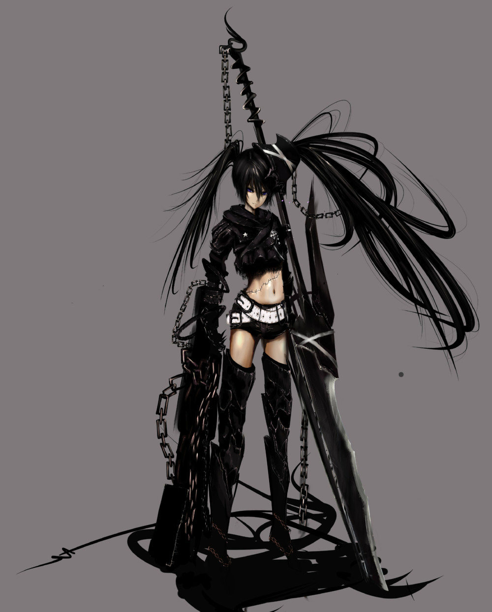 shin'ya (330696), shinya (pixiv832375), insane black rock shooter, black rock shooter, vocaloid, bad id, bad pixiv id, highres, 10s, 1girl, armor, belt, belt skirt, black hair, boots, chain, female focus, greaves, gun, long hair, midriff, navel, purple eyes, scar, scythe, shorts, simple background, solo, stitches, thigh boots, thighhighs, twintails, weapon