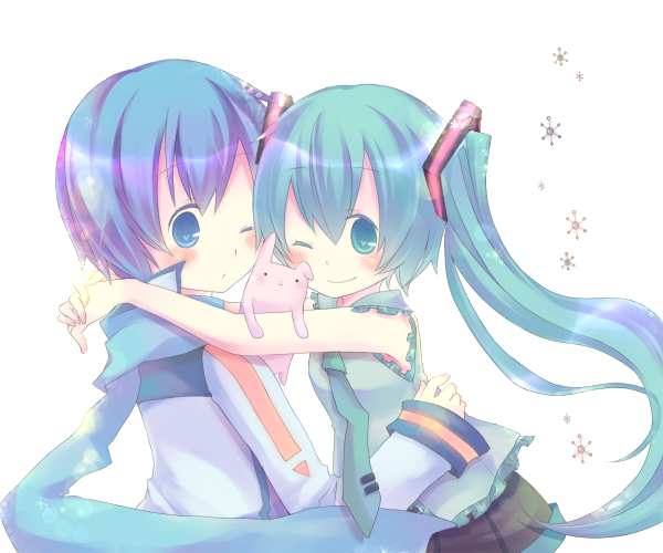 maimu (polka), hatsune miku, kaito (vocaloid), vocaloid, bad id, bad pixiv id, 1boy, 1girl, aqua eyes, aqua hair, blue eyes, blue hair, blue scarf, blush, hetero, hug, long hair, necktie, one eye closed, scarf, short hair, skirt, smile, twintails, wink