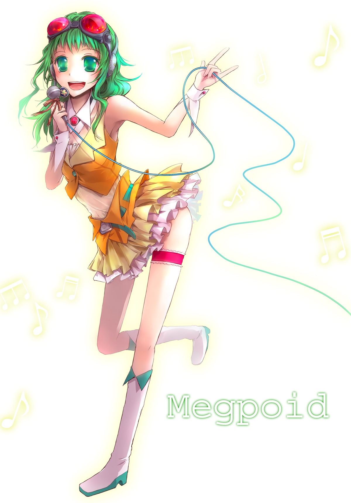 shino-s, gumi, vocaloid, bad id, bad pixiv id, highres, 1girl, m/, belt, boots, female focus, full body, goggles, green eyes, green hair, headphones, headset, matching hair/eyes, microphone, midriff, ribbon, skirt, smile, solo, thighhighs, wing collar, wrist cuffs