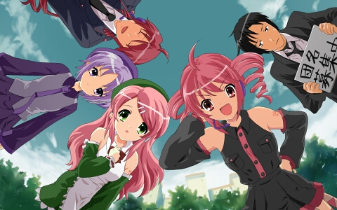 asahina mikuru, kasane ted, kasane teto, kasane teto (utau), koizumi itsuki, kyon, momone momo, nagato yuki, suzumiya haruhi, todoroki eiichi, utane uta, suzumiya haruhi no yuuutsu, utau, vocaloid, bad id, bad pixiv id, lowres, third-party edit, 2boys, 3girls, ahoge, black hair, circle formation, cosplay, detached sleeves, drill hair, from below, green eyes, hat, headphones, headset, long hair, multiple boys, multiple girls, necktie, parody, pink hair, purple eyes, purple hair, red eyes, red hair, short hair, skirt, twin drills, twintails