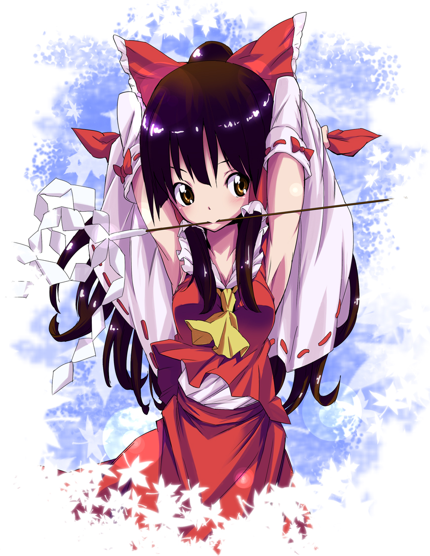 toru k, hakurei reimu, touhou, bad id, bad pixiv id, 1girl, armpits, arms behind head, black hair, brown eyes, brown hair, detached sleeves, female focus, gohei, hairdressing, japanese clothes, leaf, long hair, maple leaf, miko, mouth hold, oonusa, solo, wide sleeves