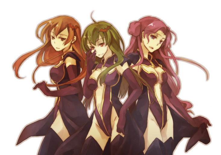 yuzu (artist), yuzu juncgr, c.c., euphemia li britannia, shirley fenette, code geass, 3girls, breasts, cleavage, cosplay, elbow gloves, gloves, hair ornament, hairclip, long hair, midriff, multiple girls, purple hair, red hair, thighhighs