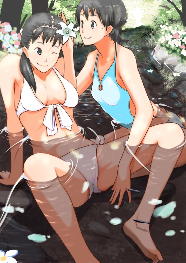 nanahime, original, bad id, bad pixiv id, 2girls, barefoot, bikini, black hair, feet, fish, flat chest, flower, front-tie top, legs, long hair, multiple girls, short hair, smile, swimsuit, water