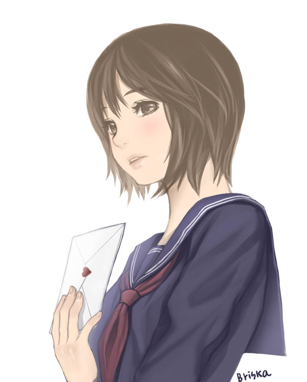 briska, 1girl, blush, brown eyes, brown hair, eyelashes, female focus, fingernails, hand up, holding, letter, long sleeves, looking at viewer, love letter, parted lips, sailor collar, school uniform, short hair, simple background, solo, upper body, white background
